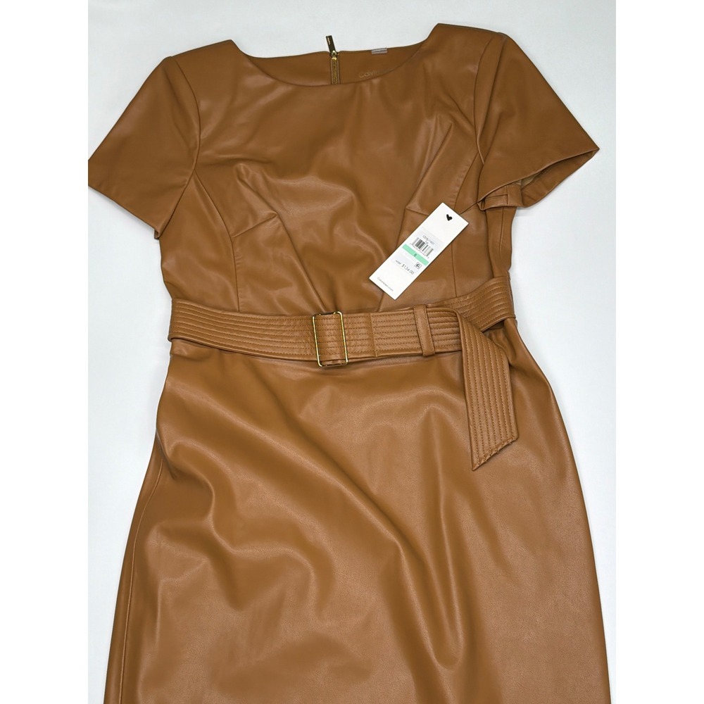 Calvin Klein Womens Faux‎ Leather Belted Sheath Dress Cognac Brown Size 8